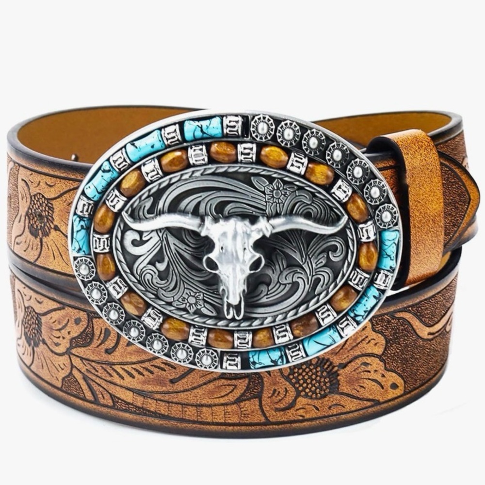 Tan Tooled Leather Belt with Bull Skull Oval Buckle